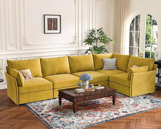 135.5" Oversized Modular Sectional Sofa, L Shaped Convertible Couch with Movable Ottoman, 5 Seat Corner Couches for Living Room Deep Seat Yellow Chenille