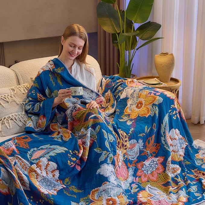 Boho Throw Blanket, Blue Lightweight Blankets for Summer, 100% Cotton Bohemian Decorative Throw Blanket, 60"x80" Reversible Muslin Breathable Woven Farmhouse Blankets Quilt,