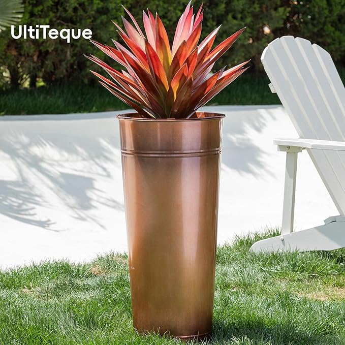 28in Tall Antique Copper Metal Vintage Planter Set of 2,Galvanized Steel Planter Pots for porches/Indoor/Outdoor/terraces Patio- Copper Color(2planters,2inner pots with Holes, 2trays)