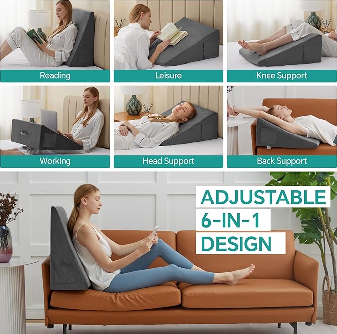 Bed Wedge Pillow for Sleeping, 12 Inch Memory Foam Wedge Pillow Post Surgery, Triangle Pillow Wedge, Elevated Support Pillows for Sleeping, Acid Reflux & Snoring - Removable Washable Cover