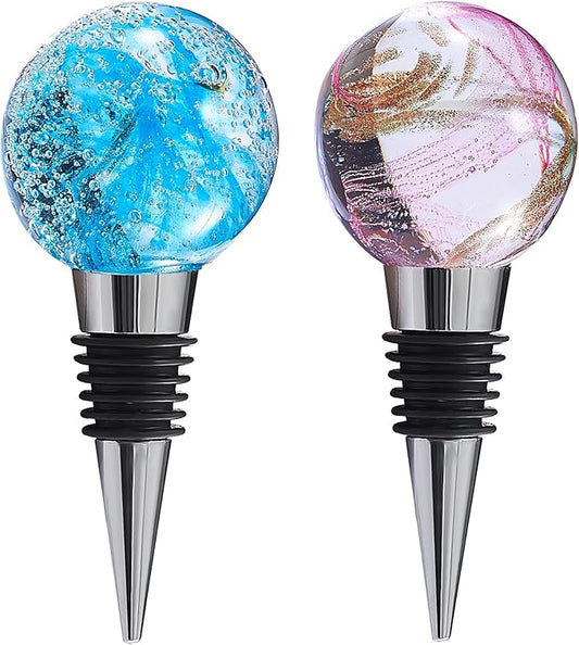 2PCS Wine and Beverage Bottle Stoppers with Galaxy Glass Grip Top, Reusable Wine Saver for or Gifts, Bar, Holiday Party, Wedding