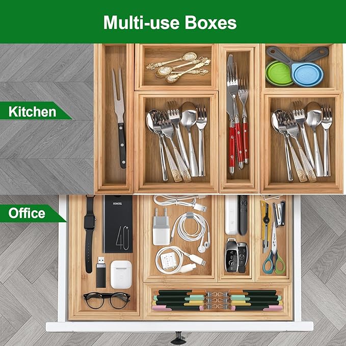 Bamboo Drawer Organizer, 2PCS Stackable Storage Boxes for Utensil Organizer, Wood Tray for kitchen, Bathroom and Bedroom 12" x 3" x 2"