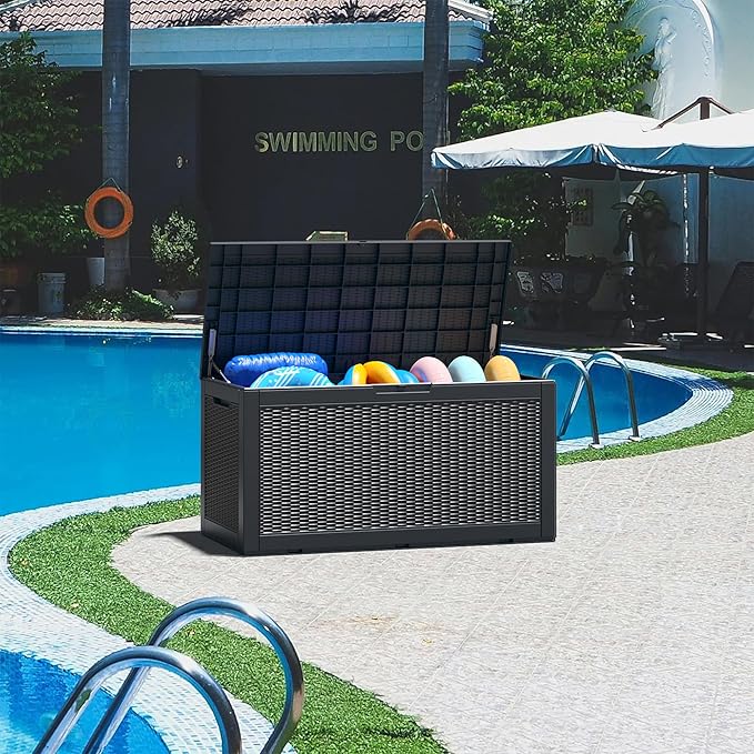 100 Gallon Deck Box Lockable Rattan Outdoor Storage Box waterproof Outdoor Container for Patio Furniture Cushions, Pillow