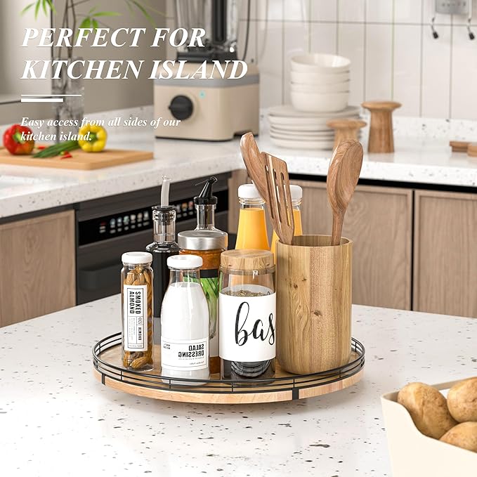 16" Lazy Susan Oak Wood Turntable Organizer for Cabinet, Farmhouse Round Wooden Large Lazy Susan Organization and Storage for Dining Table, Pantry, Kitchen, Bathroom, Countertop, Cupboard, Home Decor