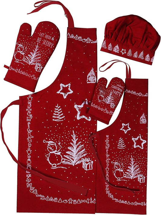 AMOUR INFINI 100% Cotton Christmas Party 5-Piece Kitchen Set Women's Aprons and Oven Mitts|Kid's Aprons, Oven Mitts, and Chef Hats for Kitchen Play, Baking Fun|Thanksgiving,Christmas Gift for Kid's