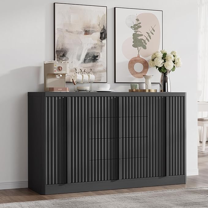 Buffet Cabinet with Storage, 60" Fluted Coffee Bar with 4 Drawers & 2 Doors, Modern Sideboard Buffet with Solid Wood Handle, Credenza Storage Cabinet for Living Room Kitchen Dining Room, Black(1PCS)