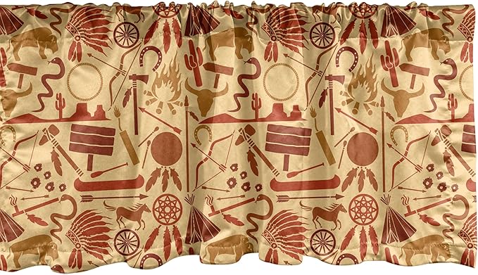 Ambesonne Western Window Valance, Culture Arrow Hatchet Chiefs Hat Snakes Bison Tools, Curtain Valance for Kitchen Bedroom Decor with Rod Pocket, 42" x 18", Pale Orange Redwood