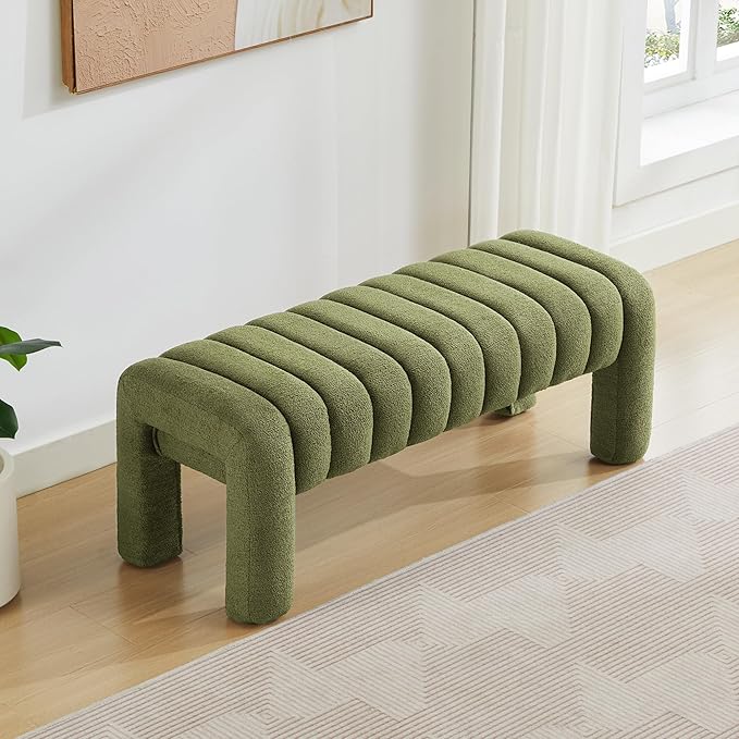 43.3" Bedroom Bench, Upholstered Entryway Bench, Modern End of Bed Ottoman with Solid Wood Legs and Adjustable Foot Pegs for Entryway, Dining Room and Living Room (Green Boucle)