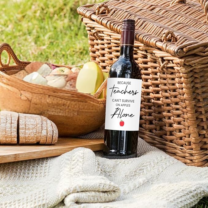 24Pcs Teachers Wine Labels, Teachers Gifts for Teachers, Teacher Retirement Appreciation Farewell Birthday Gifts, Because Teachers Can't Survive On Apples Alone Wine Bottle Stickers Labels