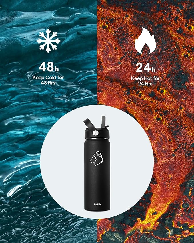 BUZIO 22oz Insulated Water Bottle with Straw Lid and Flex Cap, Wide Mouth Vacuum Insulated Stainless Steel Double Wall Water Flask,Cold for 48 Hrs Hot for 24 Hrs Simple Thermo Canteen Mug, Black