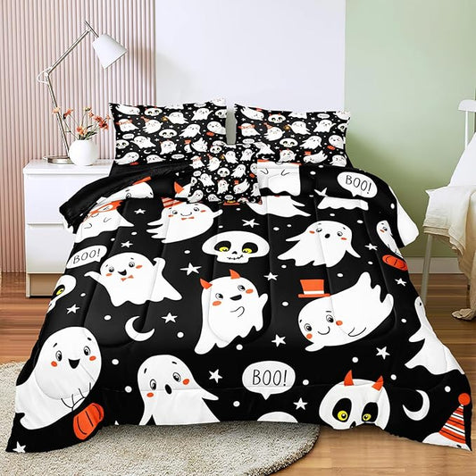 Bedbay Happy Halloween Comforter Set Queen Size Cartoon Ghost Horror Themed Bedding for Kids Boys Teen 4 Pcs Soft Microfiber Bedding Sets for All Season(Ghost,Queen)