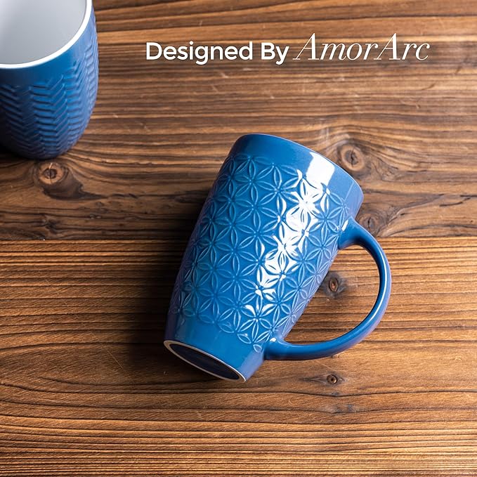 AmorArc Extra Large Coffee Mugs Set of 6, 20oz Ceramic Tall Coffee Mugs Set with Textured Geometric Patterns for Latte/Tea/Beer/Hot Cocoa, Dishwasher & Microwave Safe, Blue
