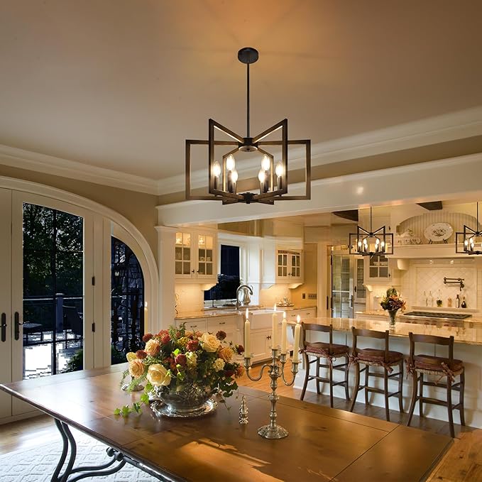 6-Light Modern Farmhouse Pendant Lights for Kitchen Island, Vintage Geometric Dining Room Lighting Hanging, Industrial Chandelier for Hallway Foyer, Retro Wood Texture and Black Finish