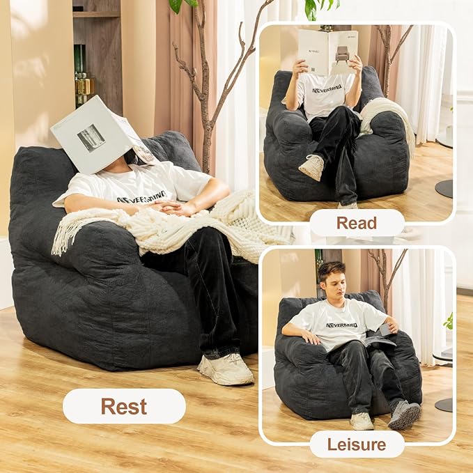 Bean Bag Chair, Bean Bag Chair for Adults, Fluffy and Comfy Bean Bag with Filler, Bean Bag Sofa Chair for Reading, Gaming, Stuffed High-Density Foam, Grey