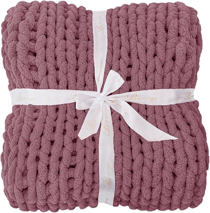 Bigacogo Chunky Knit Throw Blanket for Couch, 51x63 inches, 100% Hand Knitted with Thick Jumbo Chenille Yarn, Cozy Soft Large Rope Knot Cable Crochet Blankets for Sofa Bed Living Room, Burnt Rose