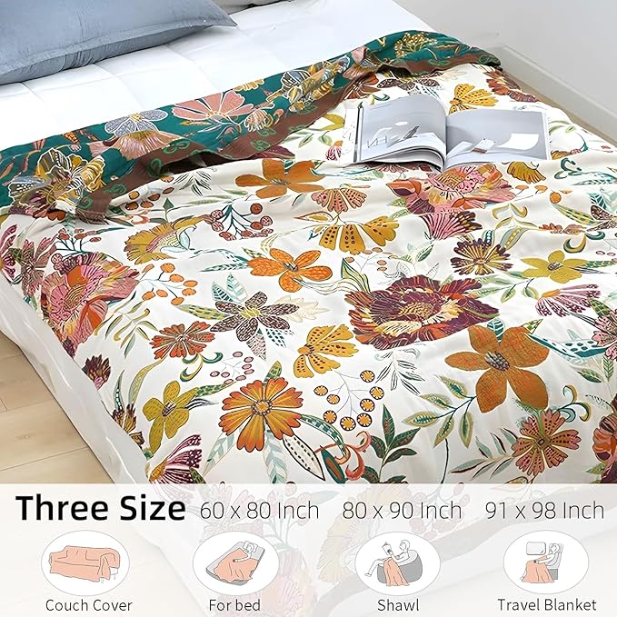 Boho Throw Blanket for Bed - 100% Pure Cotton Ultra Soft Rustic Quilt - Farmhouse Decor Bed Blankets, All Season Rustic Throw for Sofa Couch Chair(80''x 90'', Floral Blossom)