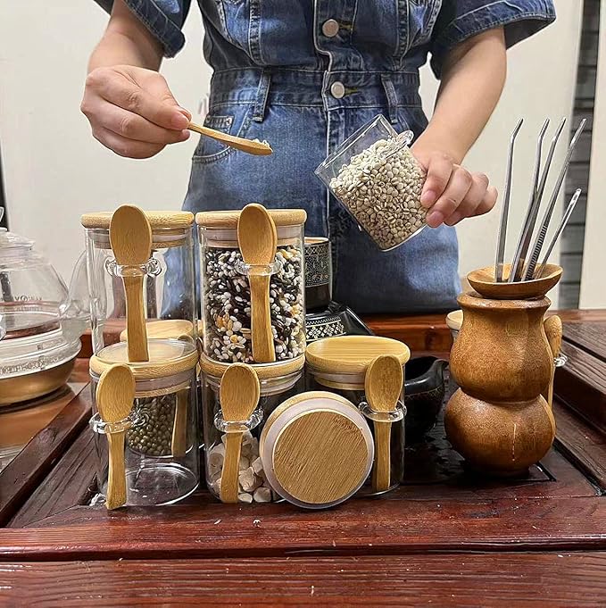 7.6 oz Airtight Mini Glass Jars with Bamboo Lids and Bamboo Spoons, Spice Jars Small Food Storage Containers for Kitchen, Bathroom, Home Decor Set of 8