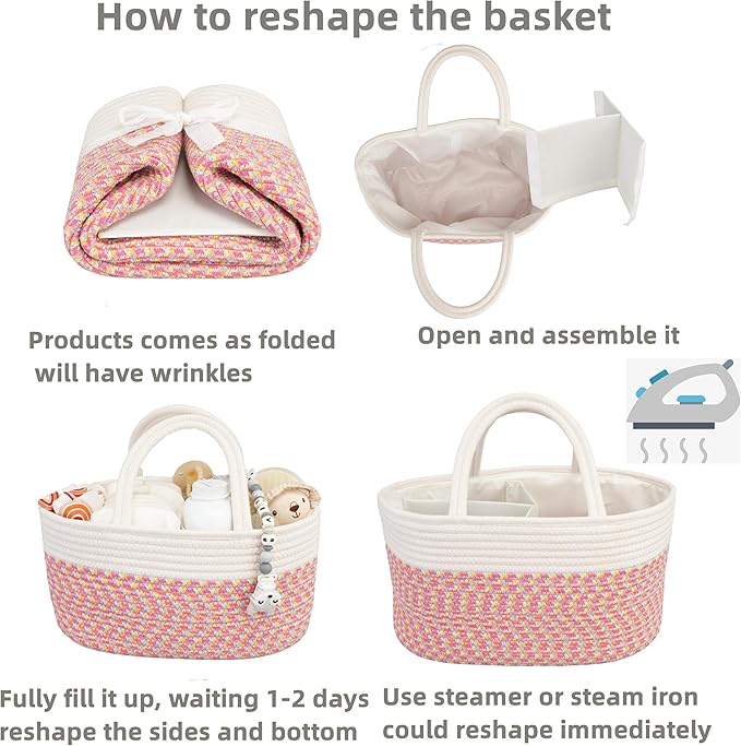 Baby Diaper Caddy Organizer for Girl Boy Rope Nursery Storage Bin Basket Portable Holder Tote Bag for Changing Table Car Travel Baby Shower Gifts Newborn Registry Must Haves