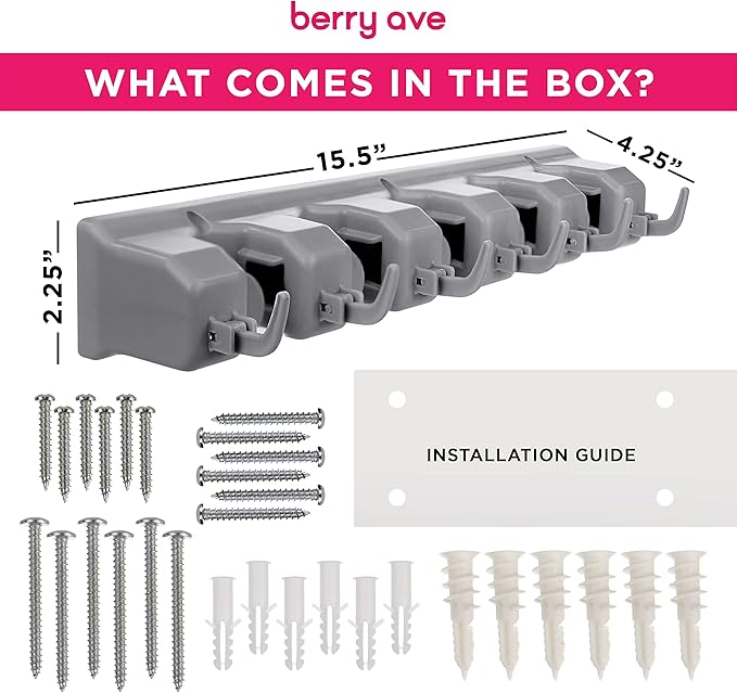 Berry Ave Broom Holder & Wall Mount Garden Tool Organizer- Kitchen, Closet, Garage & Laundry Room Storage With 5 Slots And 6 Hooks- Wall Holder For Broom, Rake & Mop Handles Up To 1.25” [Gray, 2 Pack]