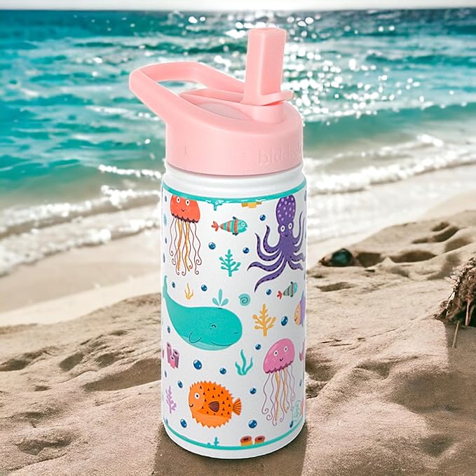 Biddlebee Kids Water Bottle with Straw Lid | 14oz Insulated Stainless Steel Reusable Bottles for School | Leak Proof Cap with Handle & Touch Free Spout | Great for Boys & Girls (Under the Sea)