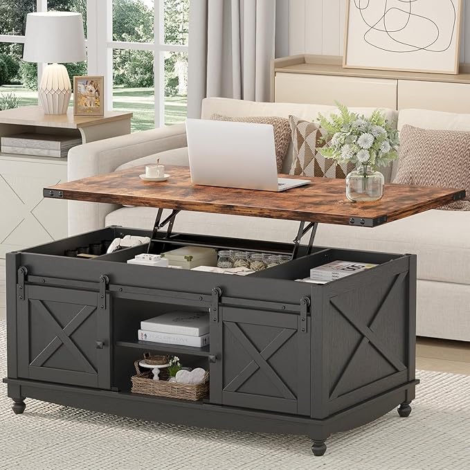 48" Farmhouse Lift Top Coffee Table with Storage Sliding Barn Door & Large Hidden Compartment, Coffee Table with Lifting Top with Wooden Lift Tabletop, Coffee Tables for Living Room, Black
