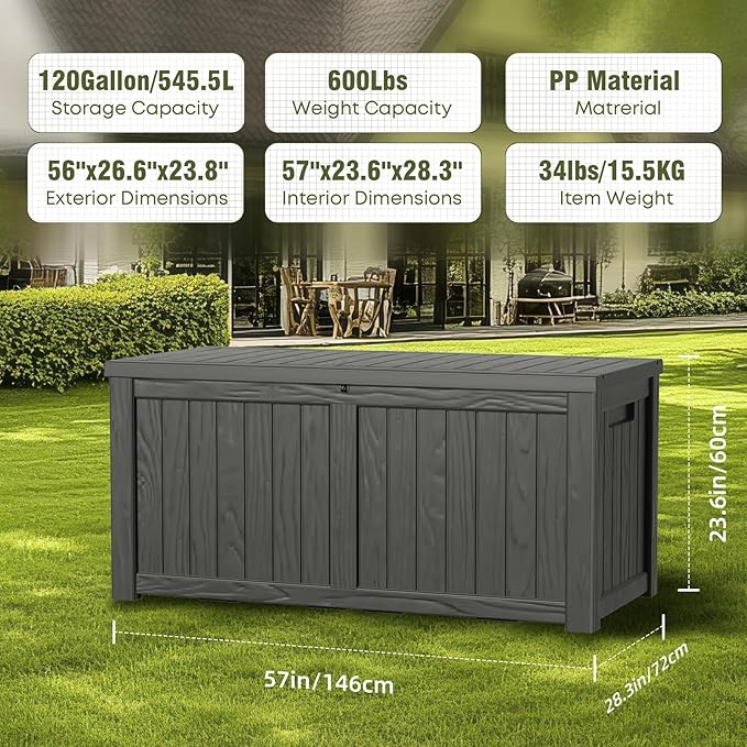 120 Gallon Deck Box,Resin Outdoor Storage Box with Lockable for Patio Furniture, Pool Accessories, Garden Tools Waterproof Outside Storage Box, Black