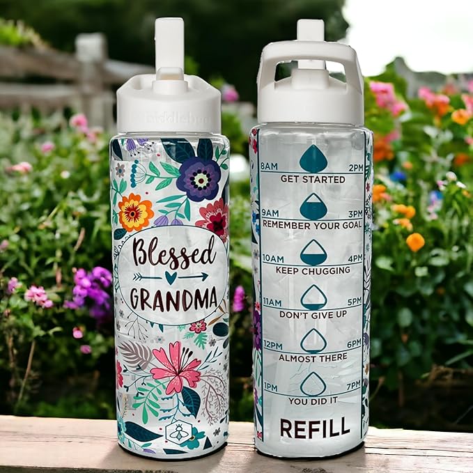 Biddlebee 32oz. Hydration Tracker Water Bottles with Times To Drink | Big Motivational Water Bottle with Time Marker, Straw Lid, & Measurements | BPA-Free (Blessed Grandma)