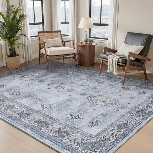 AMOAMI-Vintage Area Rug 3x5 Blue Rugs for Living Room-Soft Washable Rug Non Slip Entryway Rug Indoor Vintage Throw Accent for Bedroom Laundry Room Dining Bathroom Bedside