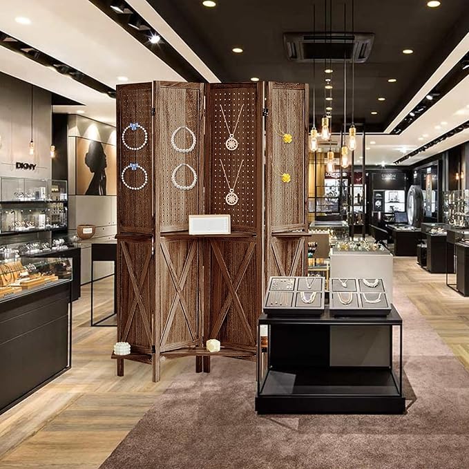 4 Panel Pegboard Display with 16 Hooks, Wooden Pegboard Room Divider Wall with Shelf, Rustic Room Dividers and Folding Privacy Screens, Bedroom, Jewelry Store, Brown