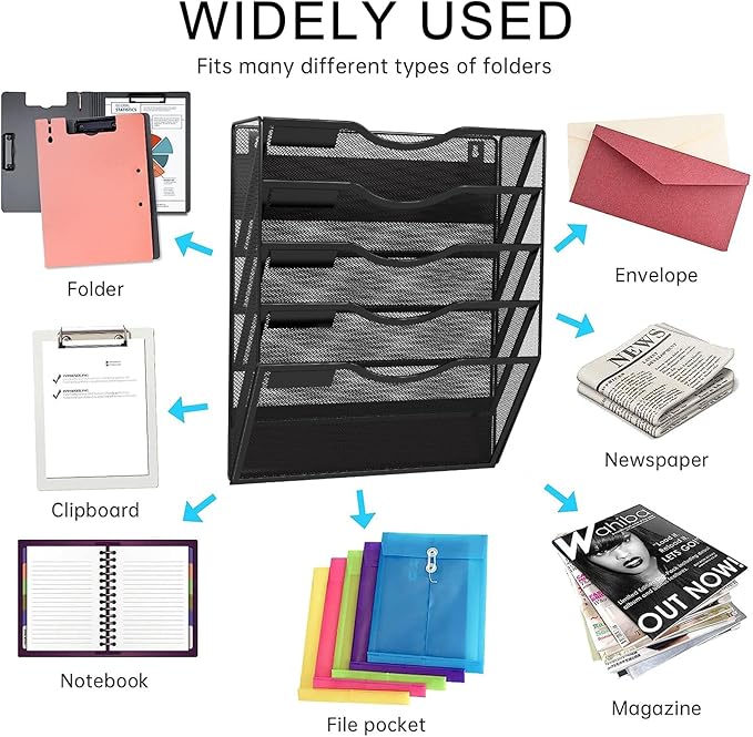 5-Tier Magnetic File Holder, No Drilling Installation File Cabinet Organizer, Black Magnetic File Organizer, Magazine Rack, Magnetic Paper Holder for Refrigerator, File Cabinets, Whiteboard