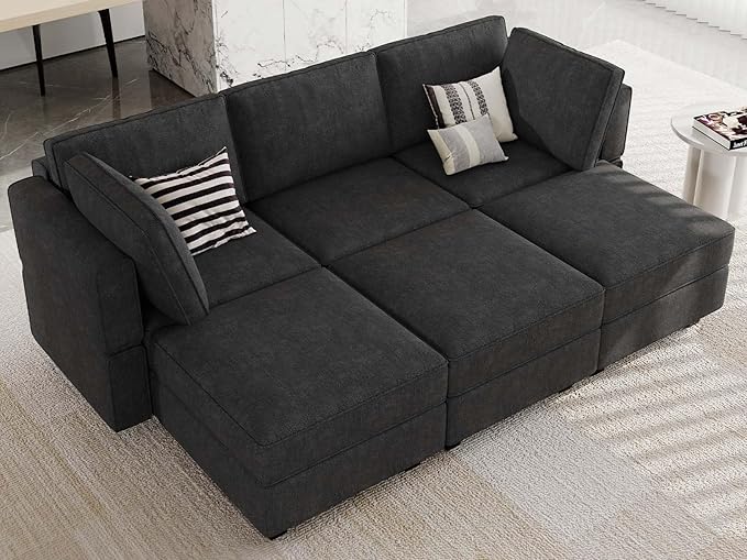 Belffin Terry Fabric Modular Sectional Sleeper Sofa Bed with Storage Convertible Sectional Couches for Living Room 6 Seaters Black Modular Sofa