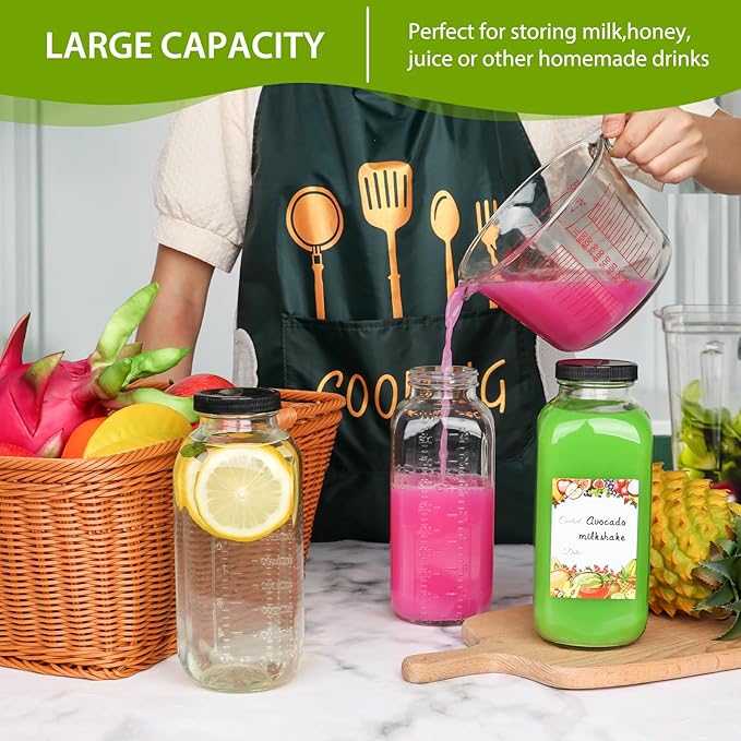 4Pack Juicing Bottles Reusable Glass 32oz,Reusable Square Glass Juice Bottles with Lids,Clear Empty Glass for Beverages, Jams, Kombucha, Milkshakes,Oils(32fl.oz,Set of 4)