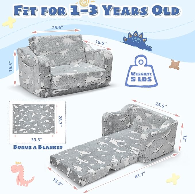 2-in-1 Toddler Chairs Comfy, Toddler Couches That Fold Out,Glow in The Dark, Extra Wide Kids Chairs for Toddler, Baby Couch for 1-3 Year Old, Gifts for Girls & Boys, Gray