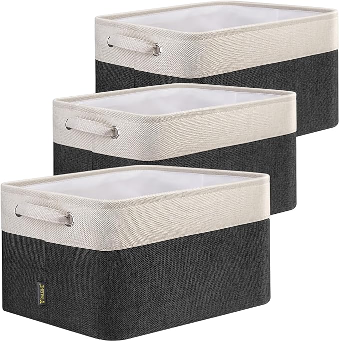BALEINE 3 Pack Fabric Storage Bins for Shelves, Linen Storage Baskets for Organizing, Decorative Closet Bins for Clothes, Home (Black, 12"x8"x8")