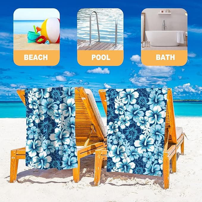 Beach Towel, Blue Hibiscus Floral Beach Towel Oversized Sand Proof Absorbent, Quick-Dry Bath Pool Swim Towel for Shower Spa Vacation, 29.5” X 59”