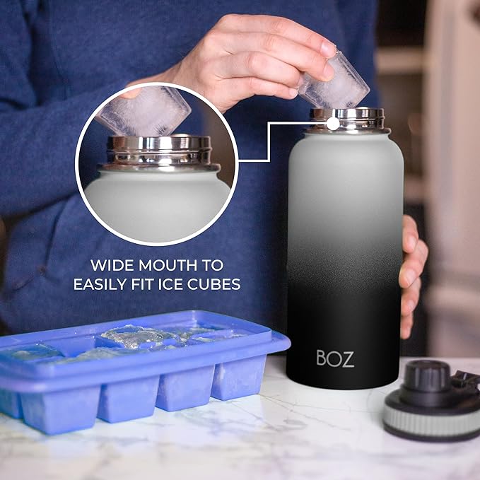 BOZ Stainless Steel Water Bottle - Vaccum Insulated Water Bottle 32 Oz - Wide Mouth BPA Free Sport Water Bottle for Gym with Spout Lid - Thermal Hot & Cold 1 Litre Gradient Black Waterbottle