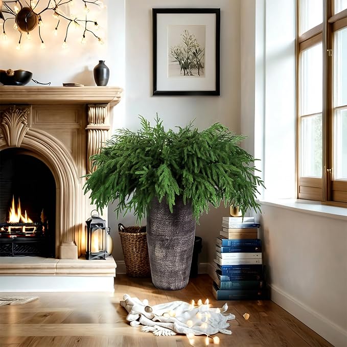 12Pcs Artificial Norfolk Pine Branches 36" Plastic Christmas Plants Decor Faux Greenery Stems Pine Picks Outdoor Faux Plants UV Resistant for Xmas Indoor, Front Porch Home Décor (12, 36inch)