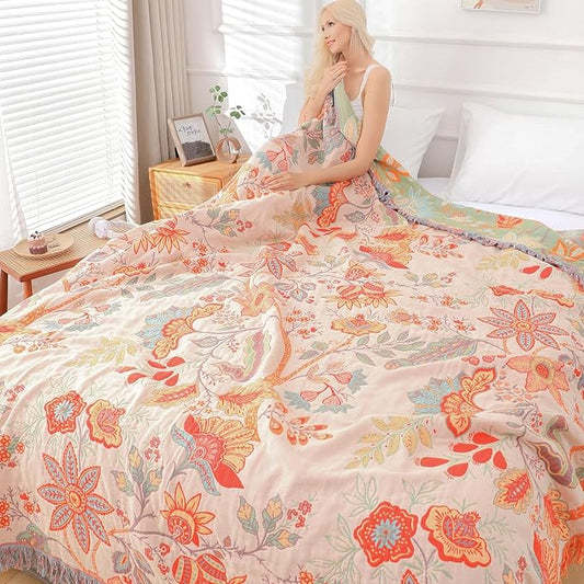 Boho Throw Blanket for Bed - 100% Pure Cotton Ultra Soft Rustic Quilt - Farmhouse Decor Bed Blankets, All Season Rustic Throw for Sofa Couch Chair(91''x 98'', Floral)
