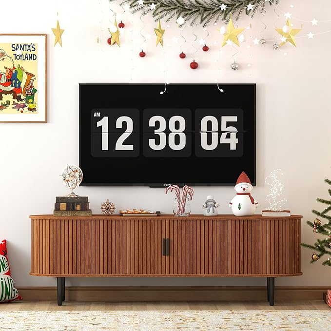 Bonzy Home 70" Mid Century Modern TV Stand, Tambour Entertainment Center with Storage, Long Media Console Television Stand with Metal Legs for up to 75'' TV, Walnut