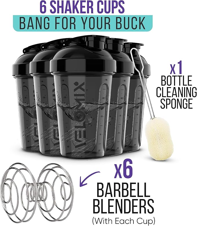 '-6 PACK- 20 OZ Protein Shaker Bottles for Protein Mixes, Shaker Cups for Protein Shakes, Small Shaker Bottle Pack, Shaker Cup, Shakers for protein Shakes (20 OZ - 6 PACK BLACK)