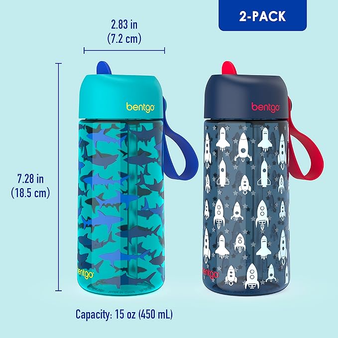 Bentgo Kids Water Bottle 2-Pack - Leak-Proof, Durable Tritan™, BPA-Free 15 oz Cup for Kids/Toddlers 3+; Flip-Up Straw; Dishwasher Safe for School/Sports/Daycare/Camp (Rocket/Shark)