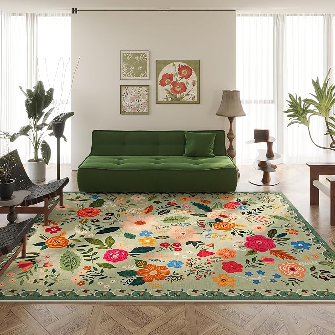 Area Rugs 8x10 Rug for Living Room Clearance Washable Boho Area Rug Non Slip Floral Vintage Low Pile Large Rug for Living Room, Bedroom, Farmhouse, Dining Room, Kids Playroom(Green)