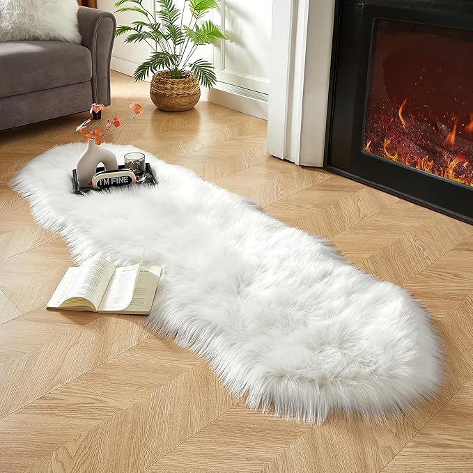 AMTOVO Faux Sheepskin Rug, White Ultra Soft Fluffy Shag Area Rug, 2 x 6 ft Faux Fur Rug for Bedroom Sofa Throw Cushion Room Decor, Sheepskin