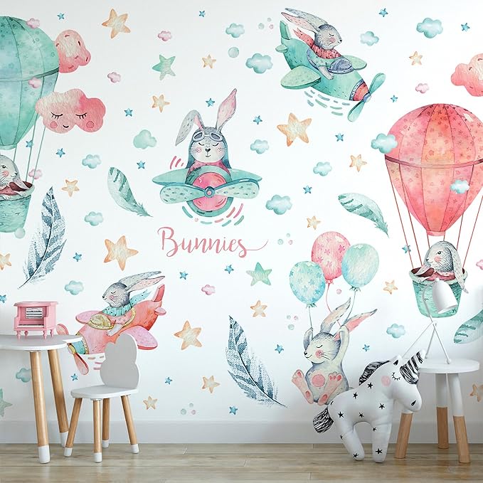 Bunny Wall Decals for Kids by Lipastick - 156 pcs Rabbits Wall Stickers Peel and Stick - Hot Air Balloon Wall Decals for Girls Boys Kids Baby Nursery Room Bedroom - Bunnies Wall Décor XXL Size