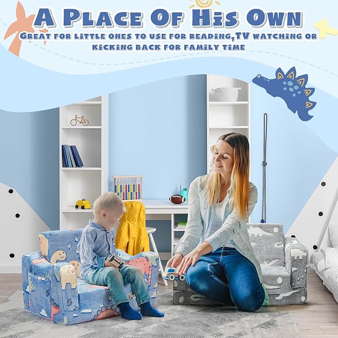 2-in-1 Toddler Chairs Comfy, Toddler Couches That Fold Out,Glow in The Dark, Extra Wide Kids Chairs for Toddler, Baby Couch for 1-3 Year Old Gifts for Girls & Boys, Blue