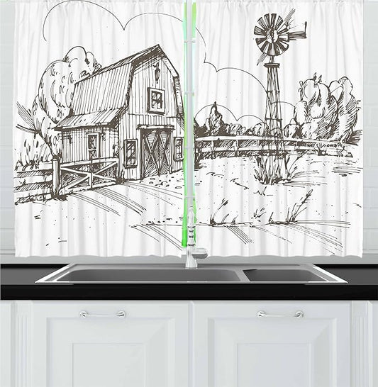 Ambesonne Windmill Kitchen Curtains, Rustic Barn Farmhouse Hand Drawn Illustration Countryside Rural Meadow, Window Drapes 2 Panel Set for Kitchen Cafe Decor, 55" x 36", Taupe