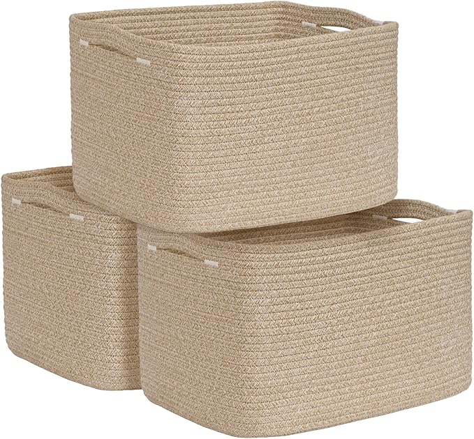 3-Pack Shelf Baskets for Organizing, Woven Storage Basket for Shelves, Cotton Rope Storage Bins for Toys Books, Nursery Towel Baskets for Classroom, 14.96"X9.8"X8.85", Brown