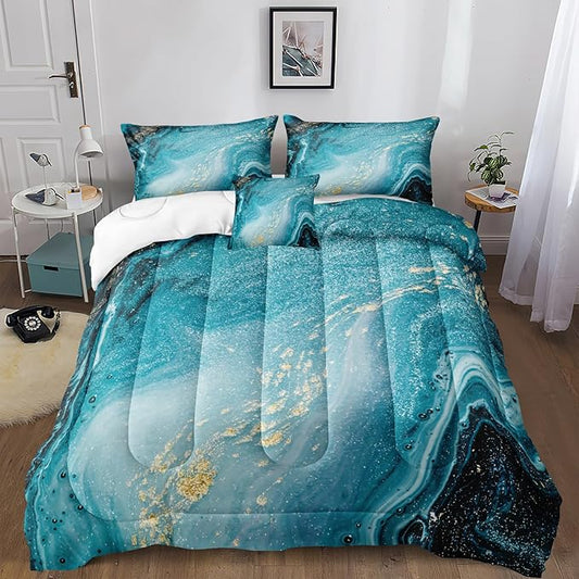 Bedbay Blue and Gold Marble Bedding Comforter Set Queen Size Teal Bedding Boys Girls Queen Duvet Set 4 Pcs Modern Marble Texture Quilt Set Bedroom Guest Room Decor Soft and Lightweight(Blue,Queen)