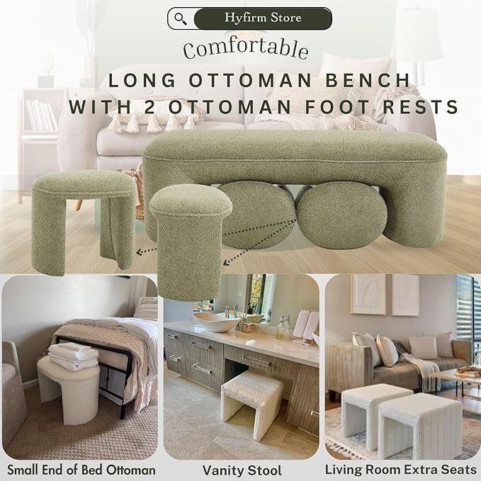 3-Piece 53" Comfy Upholstered Dining Bench with 2 Ottomans, Accent Waterfall Bench Modern End of Bed Entryway Bench Vanity Stool, Green Chenille