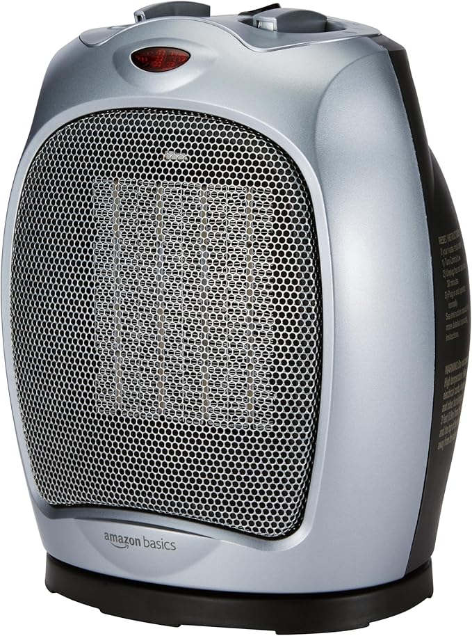 Amazon Basics Oscillating Ceramic Space Heater, Portable Indoor Heating Solution, With Overheat and Tip-Over Protection, Thermostat, 1500W, 7.52"D x 6.34"W x 9.45"H, Silver